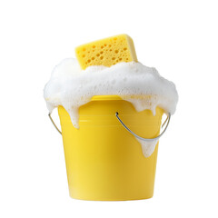 A yellow bucket with bubbles on top of soapy water and a green sponge on transparent png background
