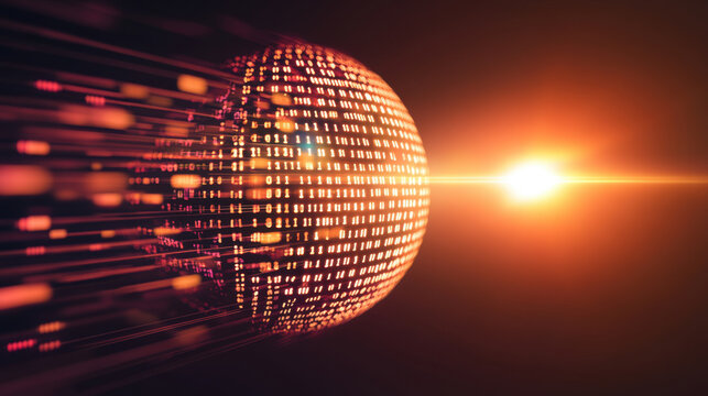 glowing digital sphere with binary code patterns radiates light in futuristic setting, symbolizing technology and innovation. warm hues create dynamic and energetic atmosphere