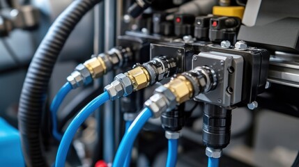 Blue hoses are connecting to brass fittings on a hydraulic control system within a manufacturing environment, showcasing the intricate network of components required for industrial operations