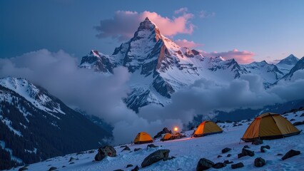 Snow-capped mountains embrace a serene tent camp at their base under a vibrant, deep-blue sky, creating an inviting winter haven