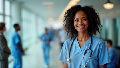 Smiling female travel nurse stands in hospital corridor. Diverse medical staff is in background. Positive atmosphere. Pro healthcare. International hospital setting. Happy person. Modern lifestyle.