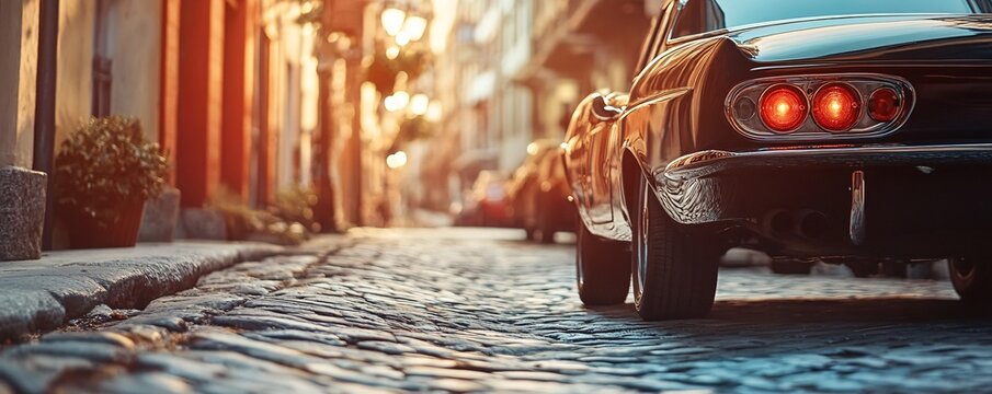 Fototapeta Black vintage car parked on cobblestone street at sunset