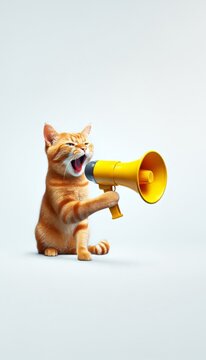Funny red cat holds a yellow loudspeaker in its paws and screams on a blue background, a creative idea. Business and management, concept. Increase traffic, advertising and attention