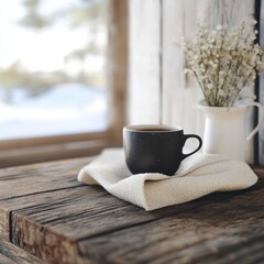Cozy morning scene with a warm cup of coffee on a rustic wooden table with a scenic view and delicate flowers