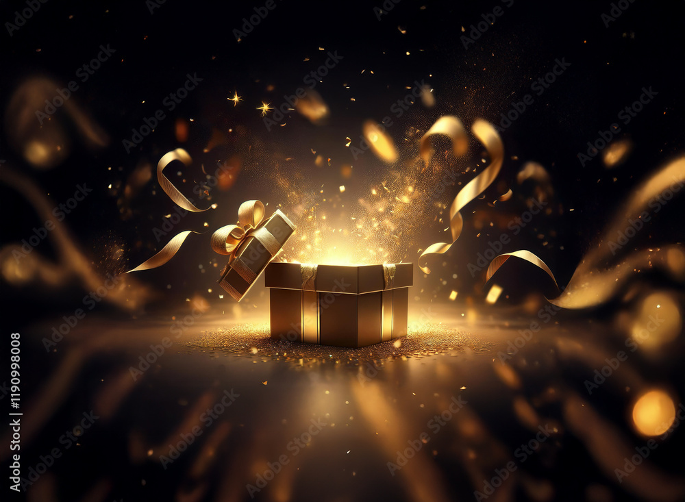 Poster a golden gift box radiates light, confetti and ribbons swirl around it in a dark setting. magic and 