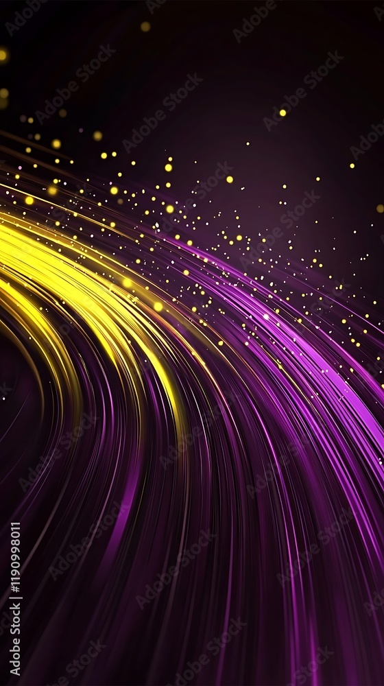 Poster gold and purple streaks curve across dark background with glowing particles