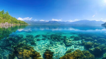 Fototapeta premium Panoramic view of one of the most clear lakes in the world. Lake Mashu, Japan 