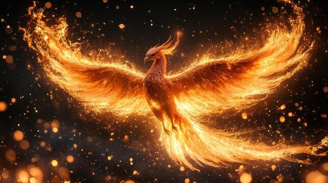 Fiery phoenix in flight, mythical bird ablaze.