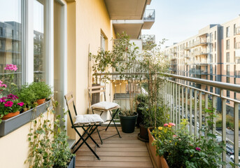 Fototapeta premium Cozy urban balcony with lush plants and wooden furniture in a modern apartment building
