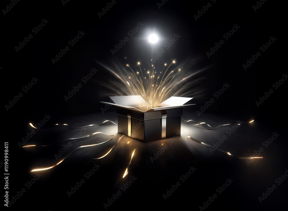 Poster a dark background showcases an open cardboard box emitting a radiant, golden light and sparkling par