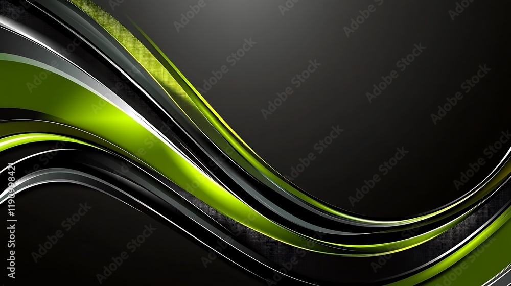 Poster abstract green and black metallic waves on dark background for modern design