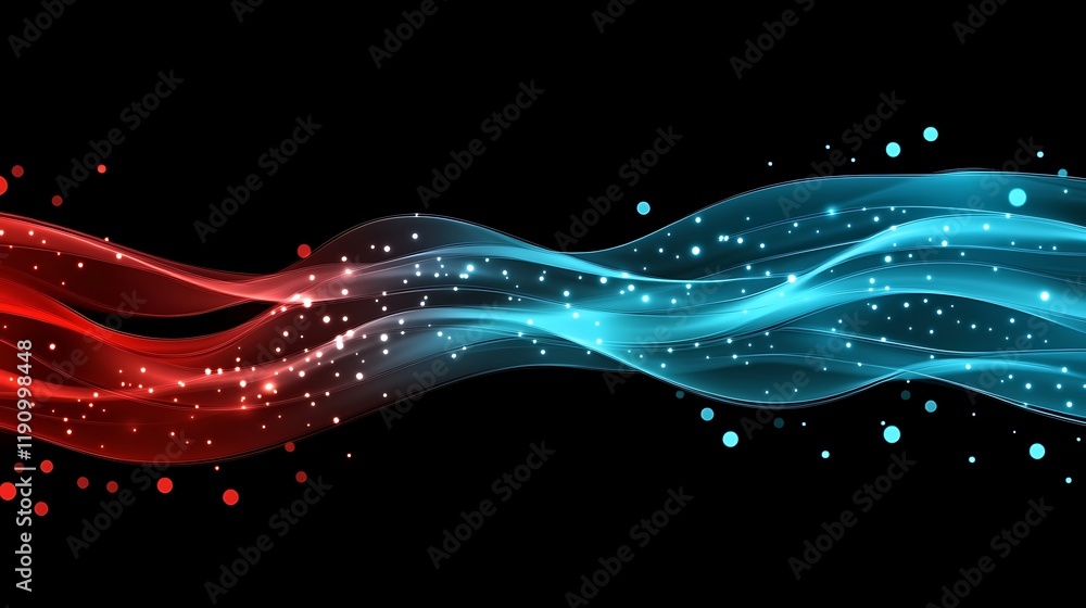 Poster red and blue abstract light waves with sparkles on a dark background for digital art