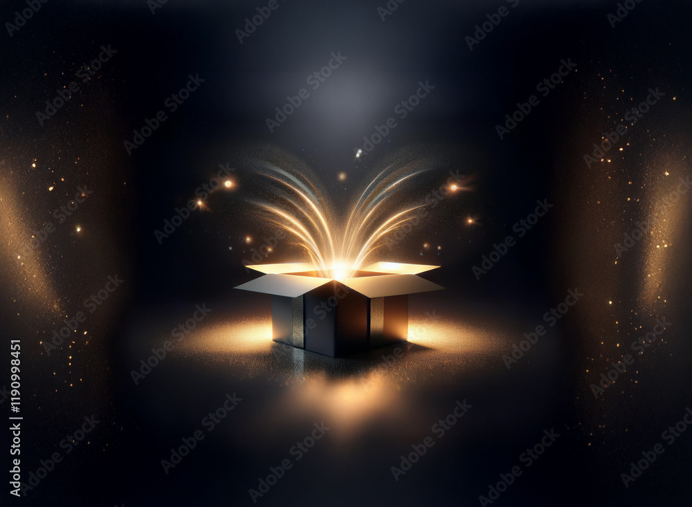 Poster a dark, mysterious scene featuring an open gift box emitting magical, golden light streaks and spark