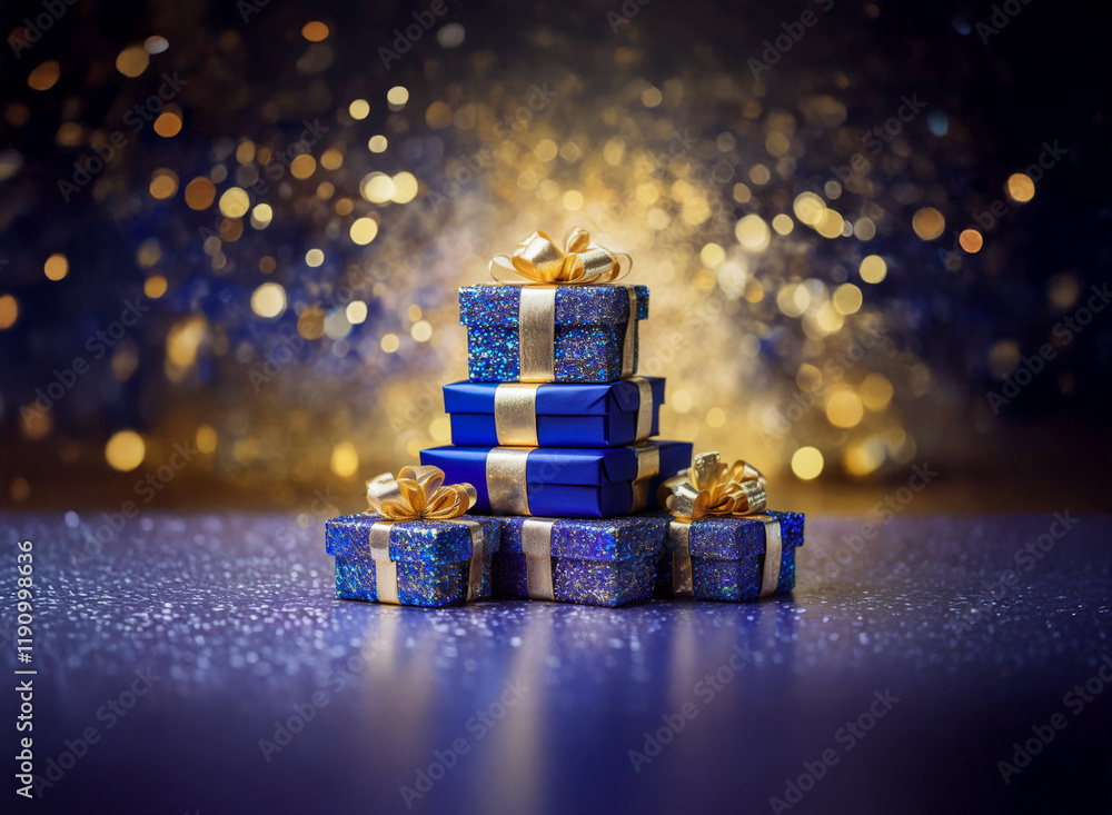 Poster a stack of blue gifts with gold ribbons sits on a sparkling surface against a shimmering gold and bl