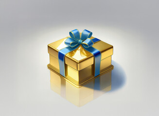 Fototapeta premium A gleaming gold gift box, adorned with a vibrant blue ribbon, sits on a reflective surface, casting a subtle shadow. The image evokes feelings of celebration and anticipation.