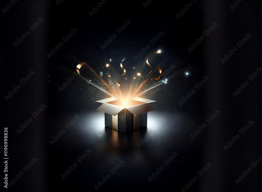Poster a dark background reveals an open gift box emitting a radiant golden light and sparkling confetti. m
