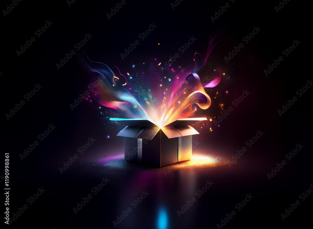 Poster a dark background features an open cardboard box emanating vibrant, colorful light and particles, su