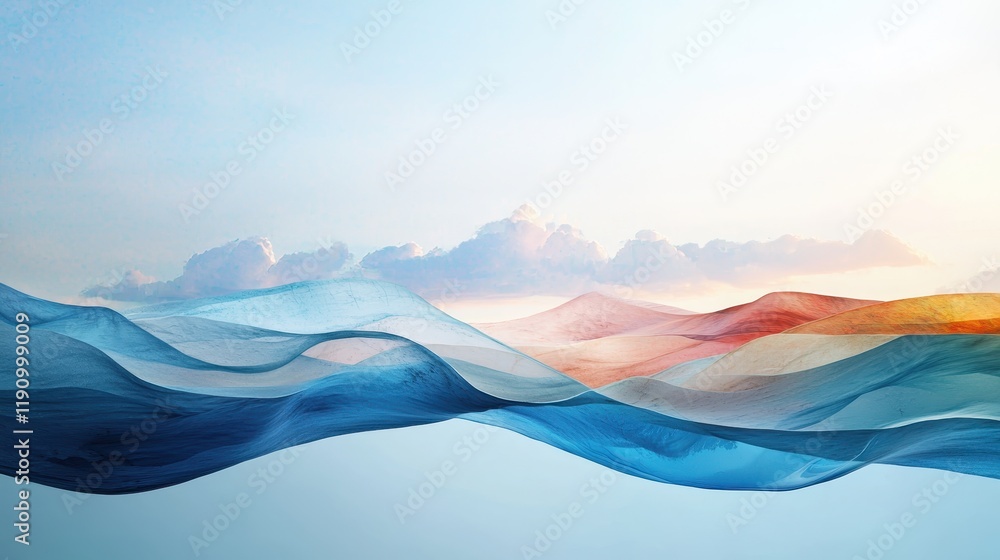 Poster abstract waves in soothing colors of blue and red flowing smoothly across a soft sky background