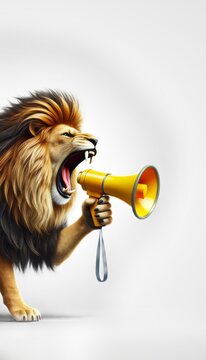Cool beautiful lion holding and screaming into a yellow loudspeaker on a blue background. Business management and boss, a creative idea. Successful advertising and management, concept. Attention
