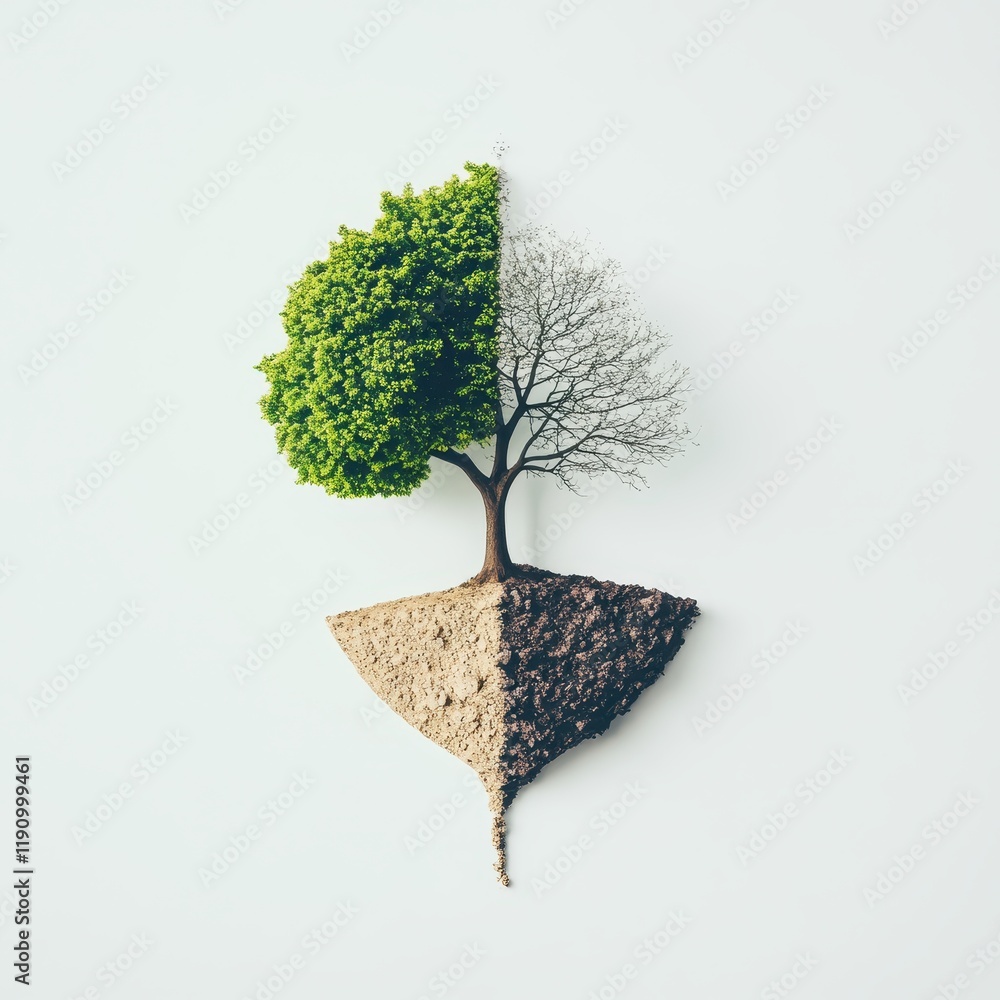 Poster Nature Transformation Concept Illustrating Cycle of Life with Green Tree and Bare Branches on Split Background