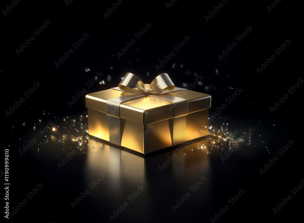Poster a luxurious gold gift box with a satin ribbon sits on a reflective black surface, surrounded by spar