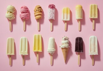 Colorful and Delicious Assortment of Ice Cream Bars and Popsicles Arranged Neatly on a Pink Background Ideal for Summer Treats and Cooking Inspiration