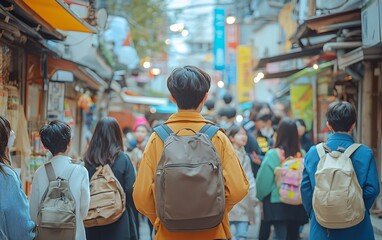 Obraz premium Tourist explores crowded market street in Japan