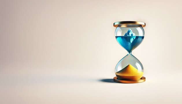Iceberg glacier melting in a glass clock with a drop and a desert. Global warming. Drying up rivers and lakes, concept. Save the planet. Disappearance of water. Time and the end of life, creative