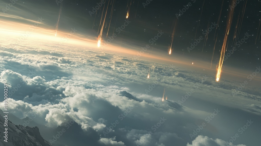 Wall mural stunning visual of a meteor shower cascading over mountain summit with clouds and stars creating a b