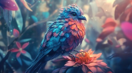 A colorful watercolor illustration of a woman dressed in a gown made of vibrant leaves and petals,