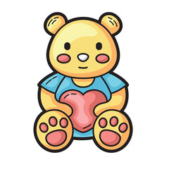 Cute teddy bear holding a pink heart. Suitable for Valentines Day cards, children's products, love themed designs, and romantic illustrations