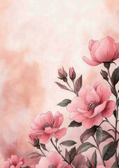 Fototapeta premium Elegant pink roses with green leaves on soft watercolor background