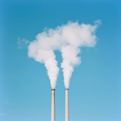 Industrial Smoke Stacks Emitting White Clouds Against Clear Blue Sky in Urban Environment