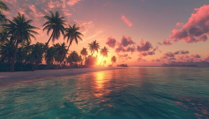 A breathtaking view of a tropical beach with clear turquoise water, palm trees lining the shore, and a vibrant sunset in the background
