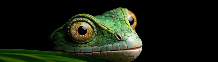 Green Tree Frog Portrait: A vibrant green tree frog with striking golden eyes peers inquisitively from behind lush green leaves, set against a dramatic black background.