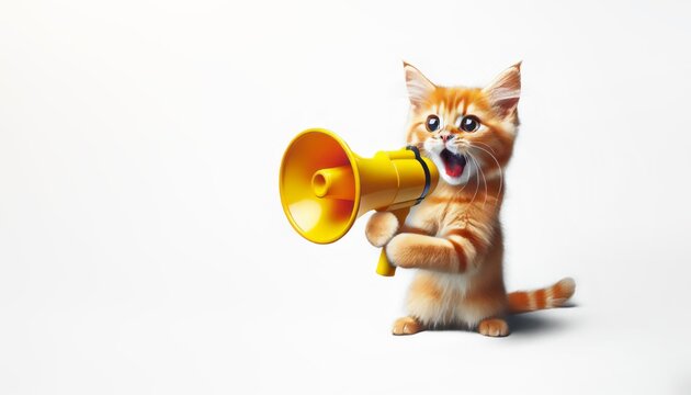 Funny red cat holds a yellow loudspeaker in its paws and screams on a blue background, a creative idea. Business and management, concept. Increase traffic, advertising and attention