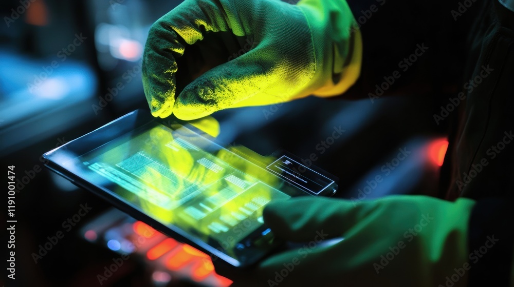 Poster gloved hands interacting with a digital tablet displaying augmented reality graphics, suggesting inn