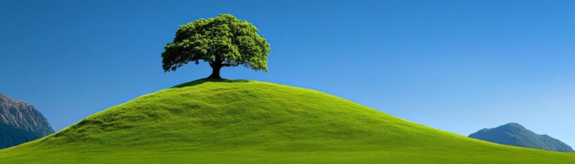 Solitary Tree on Hilltop: A single, lush green tree stands proudly atop a rolling green hill against a vibrant blue sky, evoking a sense of serenity and quiet strength.  