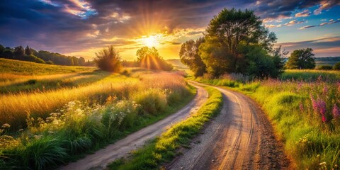 Rustic Dirt Road Leading Through Lush Green Fields - Countryside Landscape