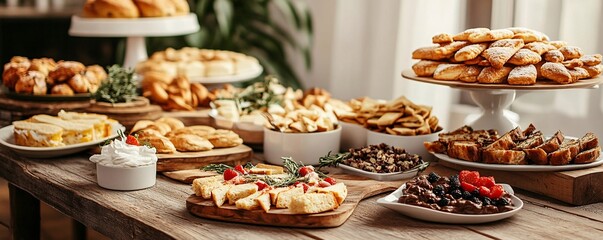 Delicious variety of biscuits, cakes, and pastries displayed on wooden table for brunch buffet