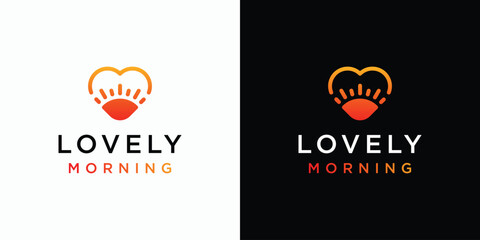 Sunrise silhouette vector logo design in heart shape with modern, simple, clean and abstract style. Icon for business, environment, outdoor and personal branding.