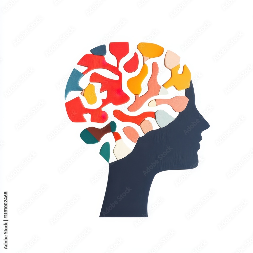 Poster colorful abstract representation of brain with unique shapes in profile silhouette on white backgrou