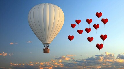 Fototapeta premium Hot air balloon floating with heart balloons romantic sky digital art serene sunset aerial perspective love theme