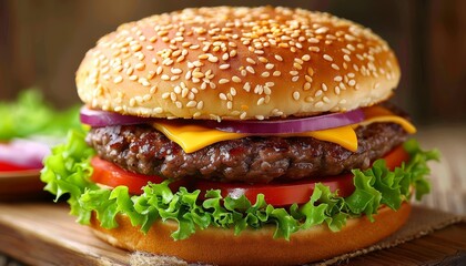 A juicy cheeseburger with lettuce, tomato, and red onion on a sesame seed bun.
