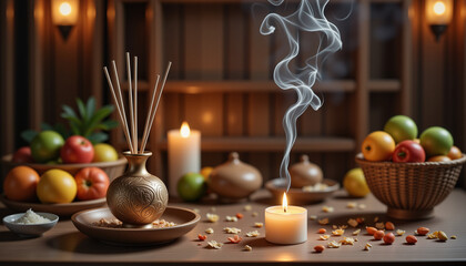 Incense sticks burning in a decorative holder with drifting smoke, warm atmosphere on a traditional altar