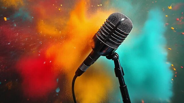 Mic Drop: A vintage microphone stands ready,  capturing the energy of a vibrant colorful explosion. The microphone, ready to capture the sound of a thousand voices.