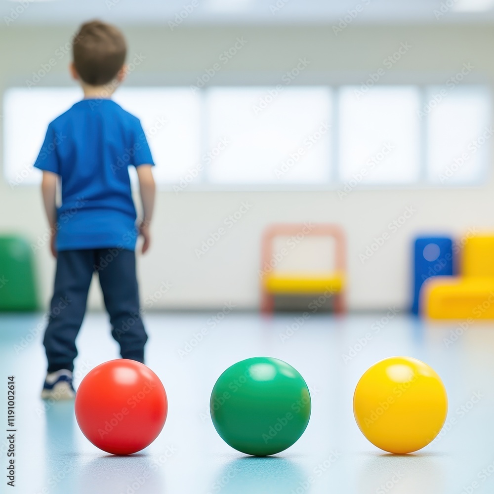 Poster child playing with colorful balls in modern classroom environment focusing on fun and learning activ
