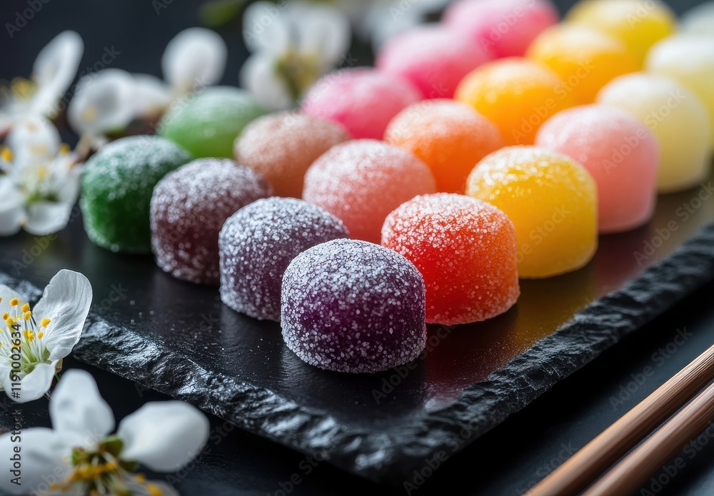 Poster Colorful Array of Fruit-Flavored Gummy Candies Displayed on a Slate Board Surrounded by Fresh Blossoms and Elegant Tableware for Culinary Delights