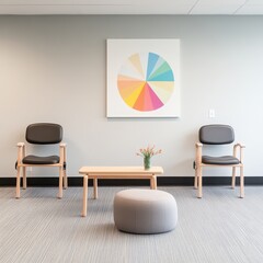 Modern office interior design with chairs, table, flower vase and abstract wall art in soft pastel colors