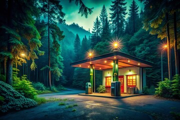 Rustic Gas Station Refueling Adventure in Lush Forest - Vintage High Fidelity Low Light Photo